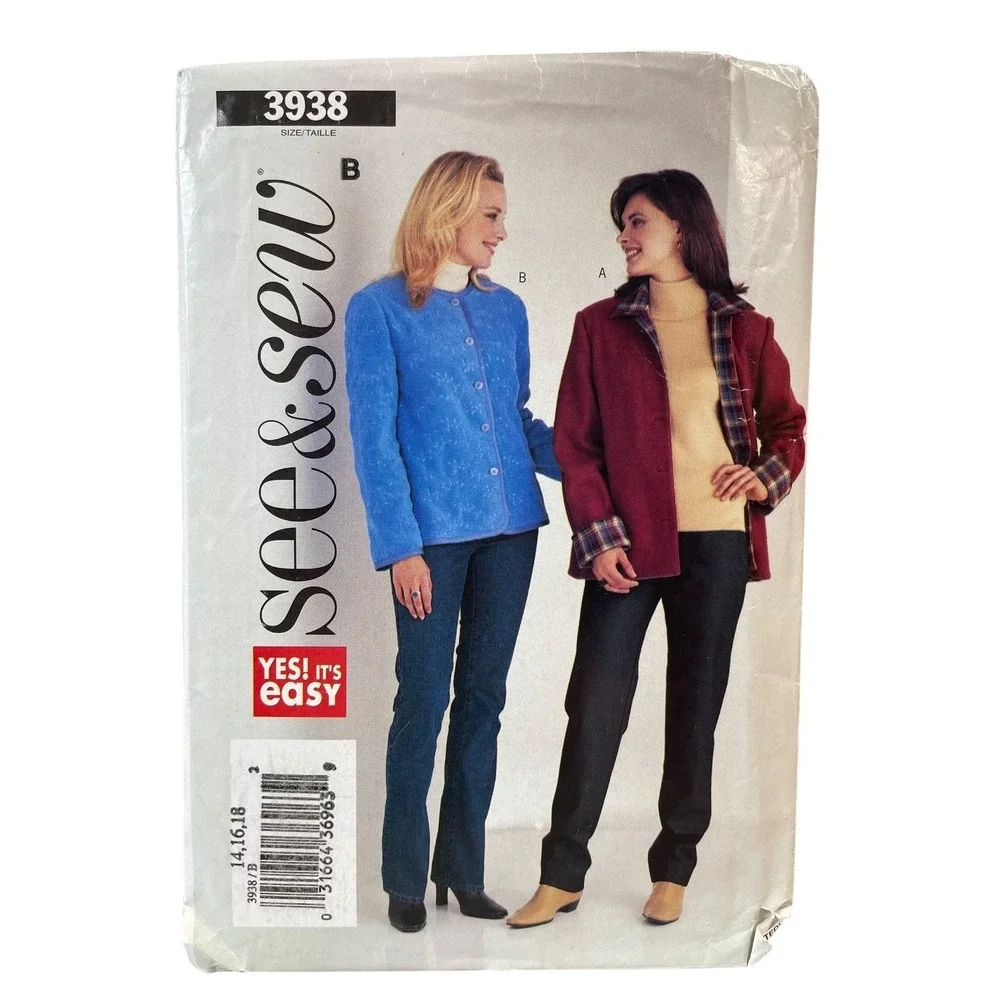 Butterick Sew & Sew 3938 Misses Jacket Collared Pattern Size 14-18 Easy Vintage